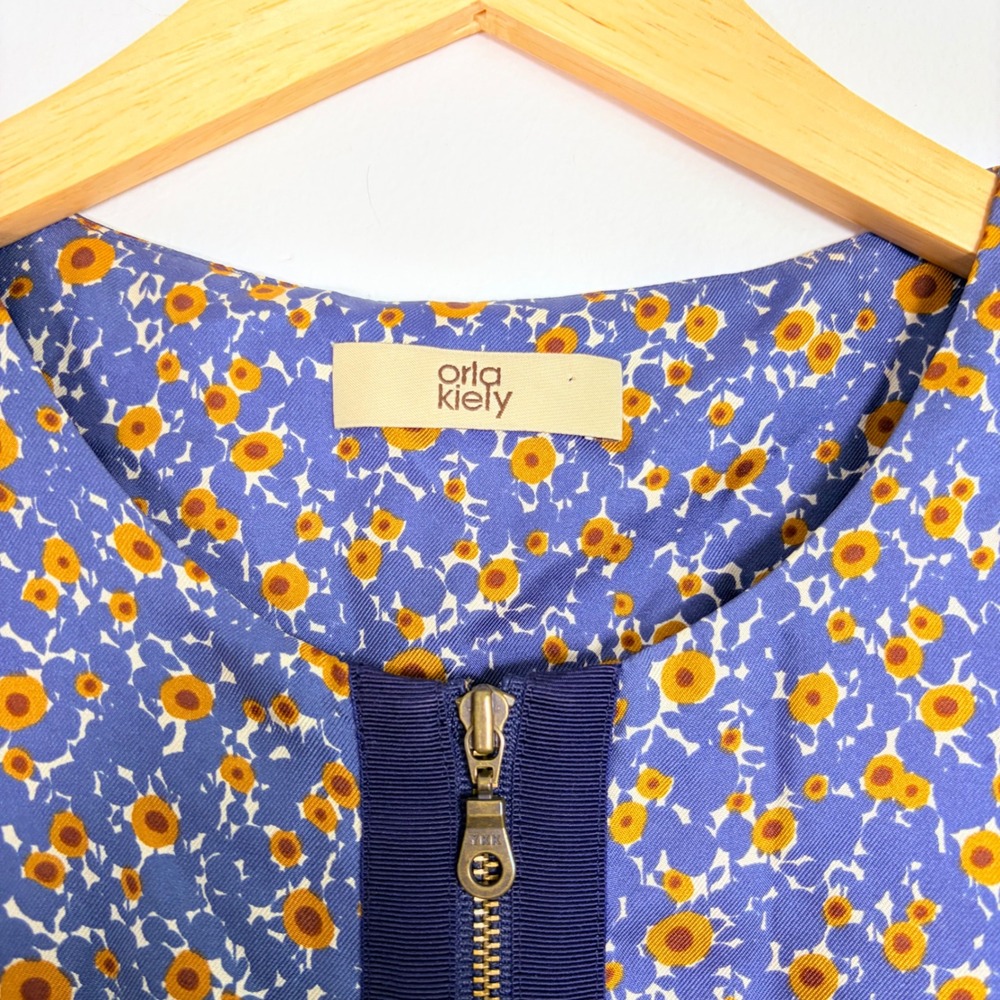 Orla Kiely Blue Yellow Floral 100% Silk Mini Dress US‎ 2 UK 6 Zip Front Pocket - Picture 4 of 7
